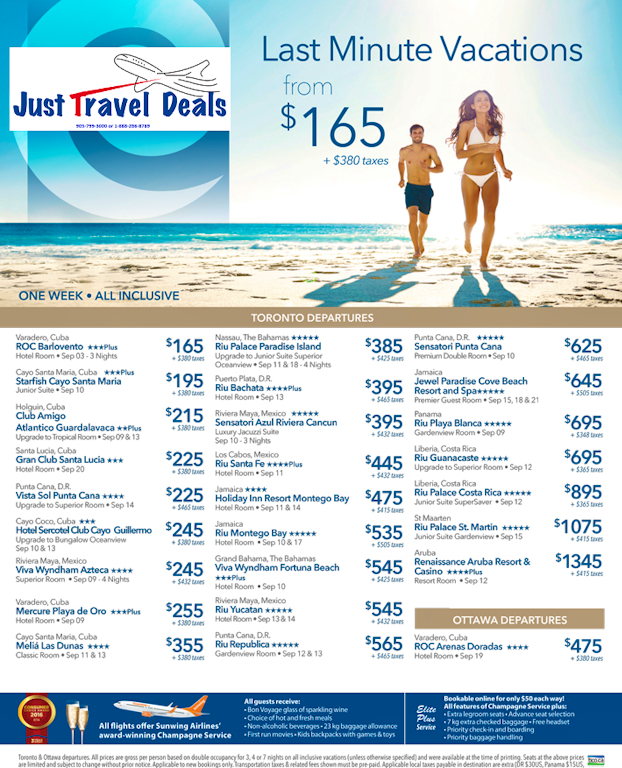 Last minute Cheap Caribbean vacation deals from 165 Toronto & Ottawa